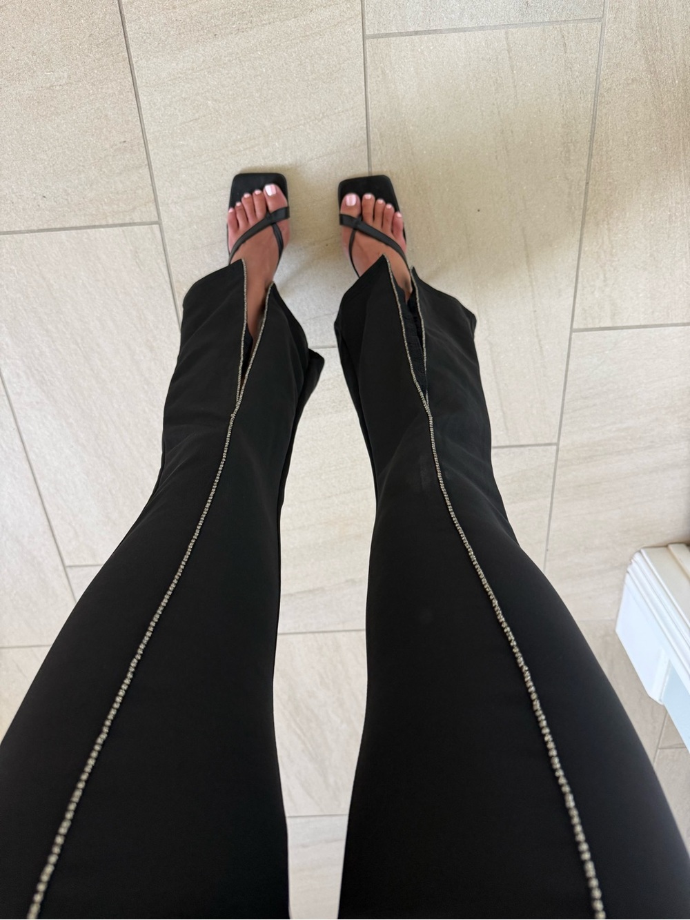 Black Split-Hem Flared Pants with Rhinestone Stitching - Picture 3 of 5